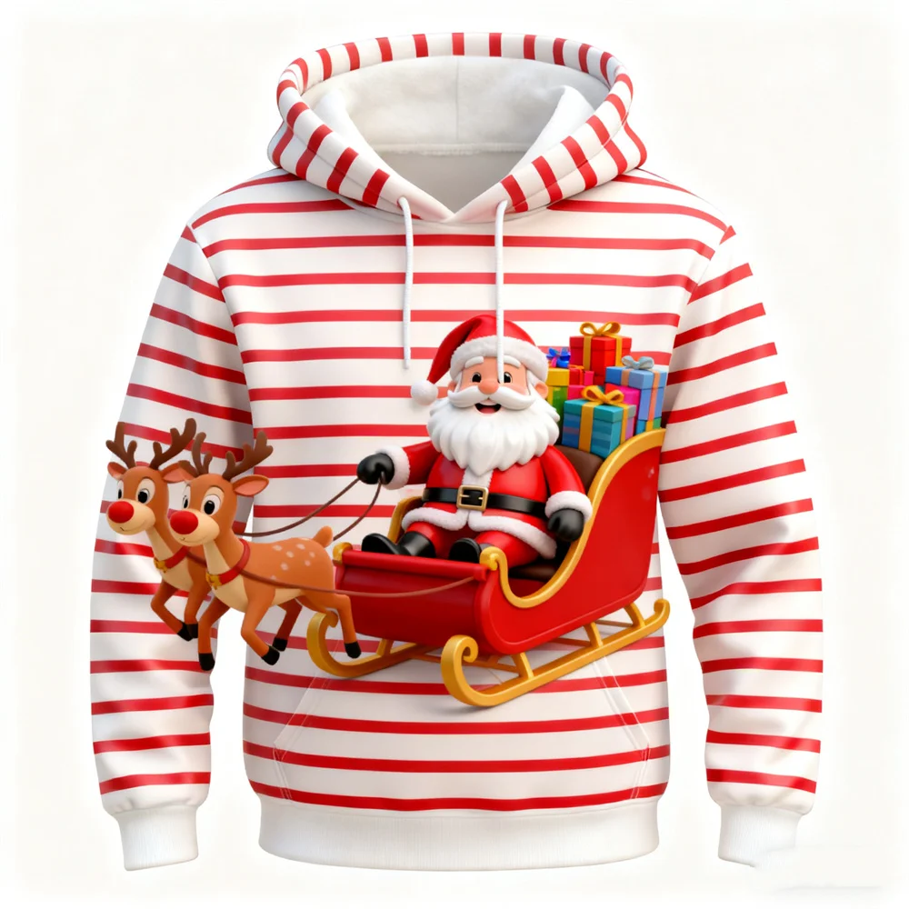 Модные толстовки с 3D принтом Санта-Клауса и графикой, простой полосатый узор, топы с капюшоном и длинными рукавами, рождественская тема, свободная повседневная одежда