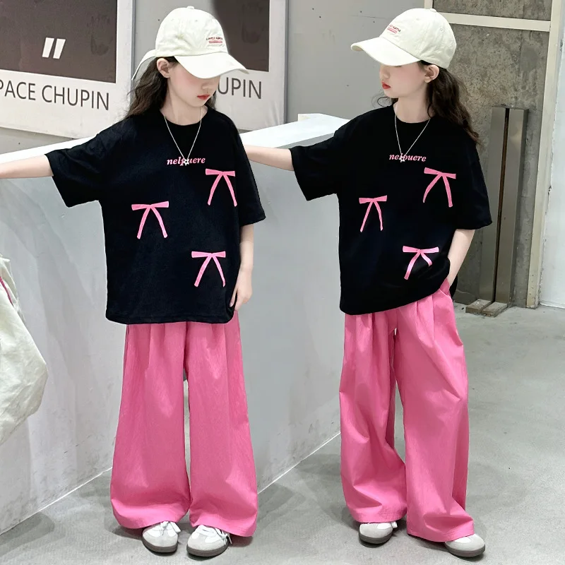 2026 summer Girls suit clothes children set Kids top bow short sleeve loose t shirt + wide leg pant 4 8 10 12 14 years teenager
