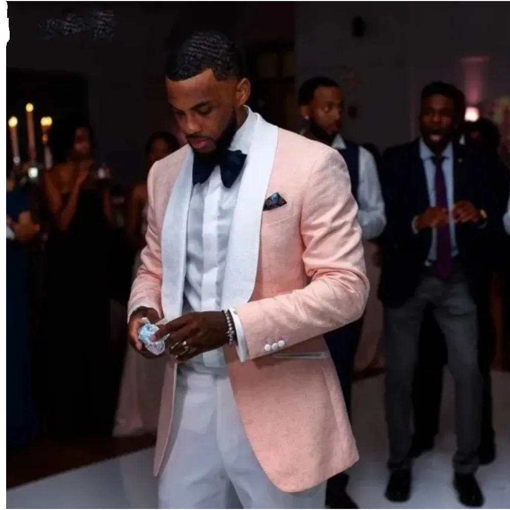 

Pink Jacquard Wedding Men Suit White Shawl Lapel One Button Groom Blazer Tuxedos Costume Homme Marriage Tailor 2 Pcs Jacket+Pant