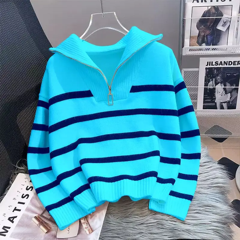 Sweter w paski swetry damskie luźne, jesienne zimowy zamek błyskawiczny casualowe miękkie Harajuku, delikatne Sueter Mujer Classic ciepło,