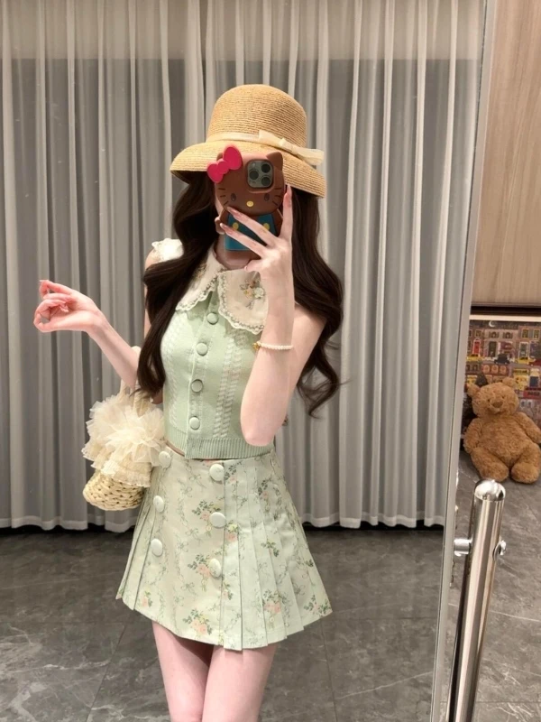 

Sweet Gentle Knitted Green Floral Print Skirt Set Doll Collar No Rest Break Breathable Comfortable Spring Fashion Women's Outfit