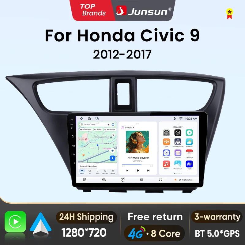 Autoradio Junsun avec CarPlay sans fil et Android Auto pour Honda Civic Hatchback 9 FK FB 2012-2017, 4G, WiFi, Bluetooth, unité principale, FM, RDS, système intelligent pour voiture.