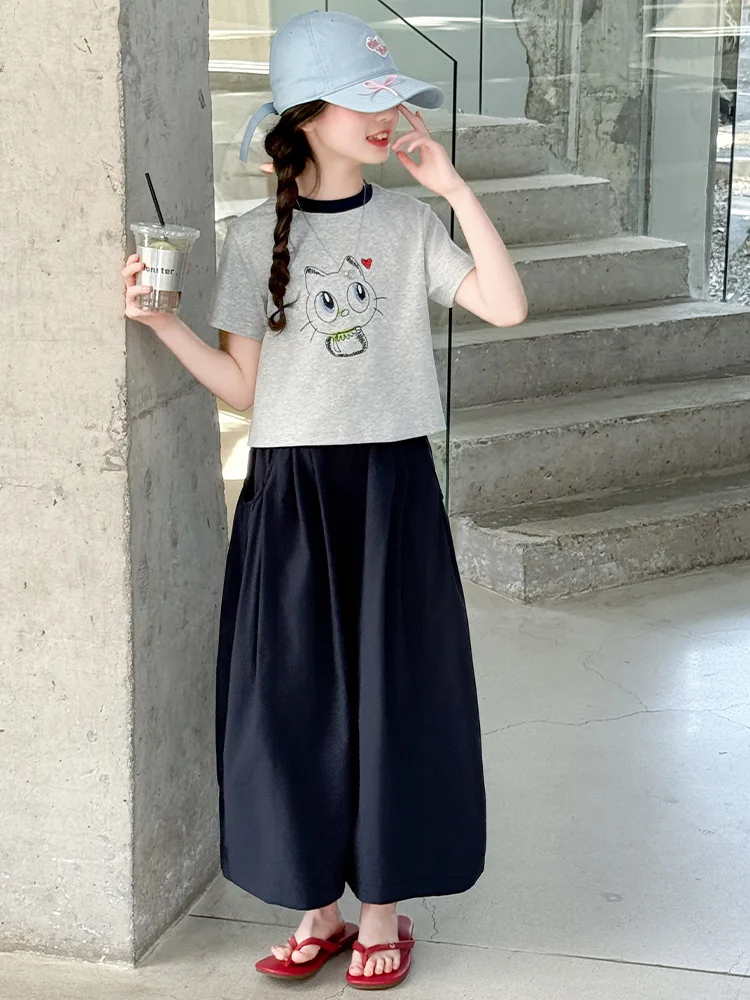 

Summer Outfit Set for Girls ort Sve T-irt Skirt Wide Leg Pants Two Piece Set Sli Clothes for Junior High School St...