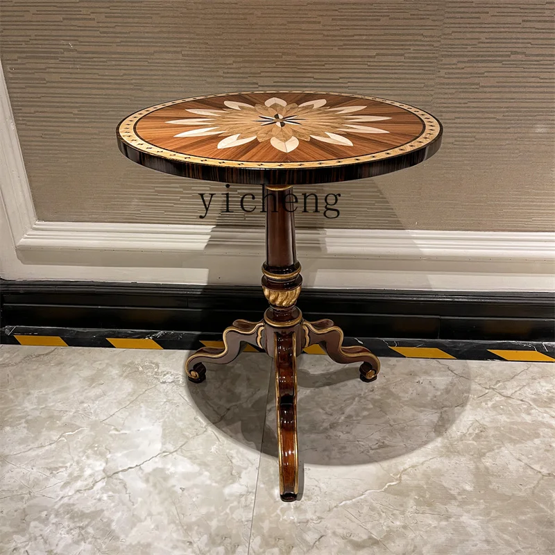 

LSL Light Luxury Small Round Table Peach Core Solid Wood Inlaid Furniture Side Table Living Room English Style Round Table