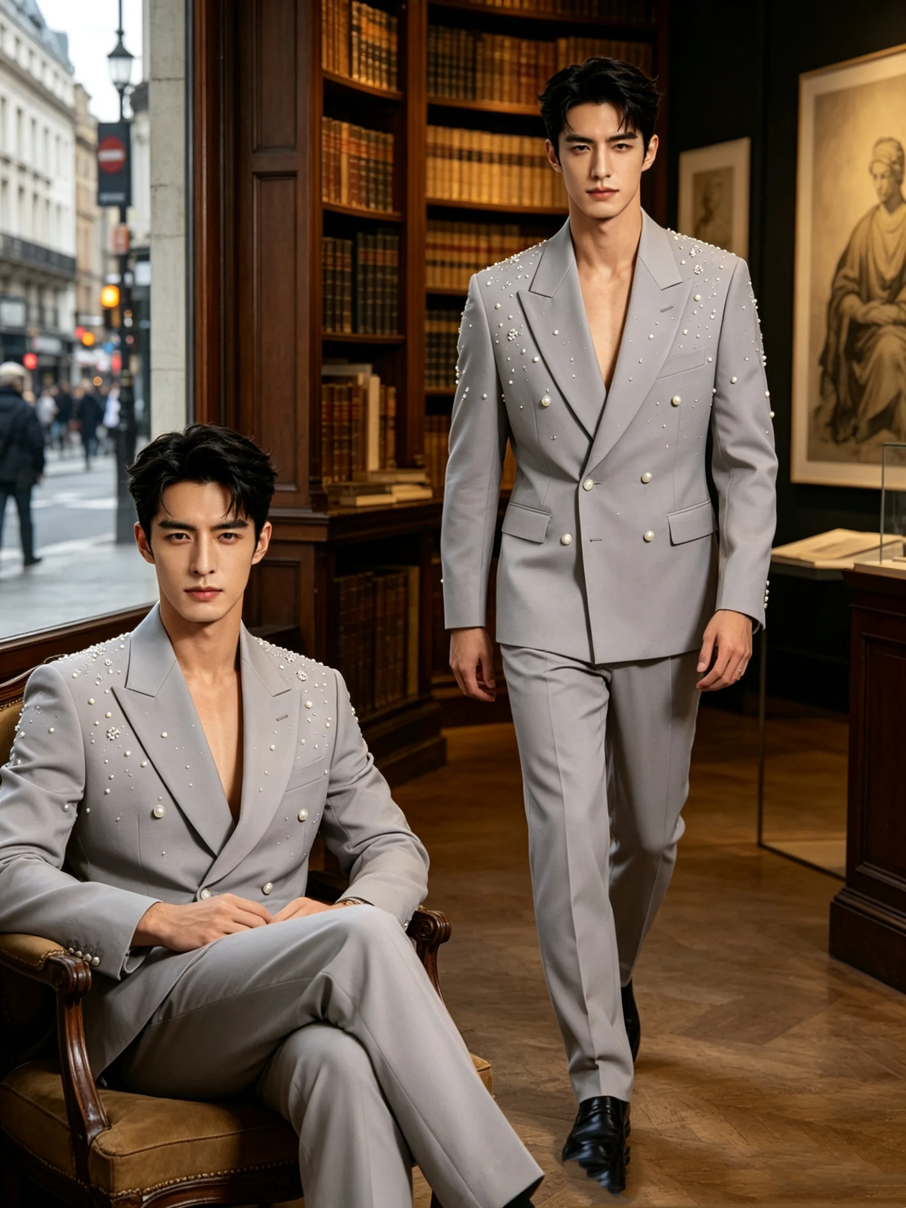 Pearls Men Suit Set 2 Piece Blazer+Pants Cotton Grey Sliver Prom Wedding Tuxedos Coat Customized Formal Office Fashion Jacket