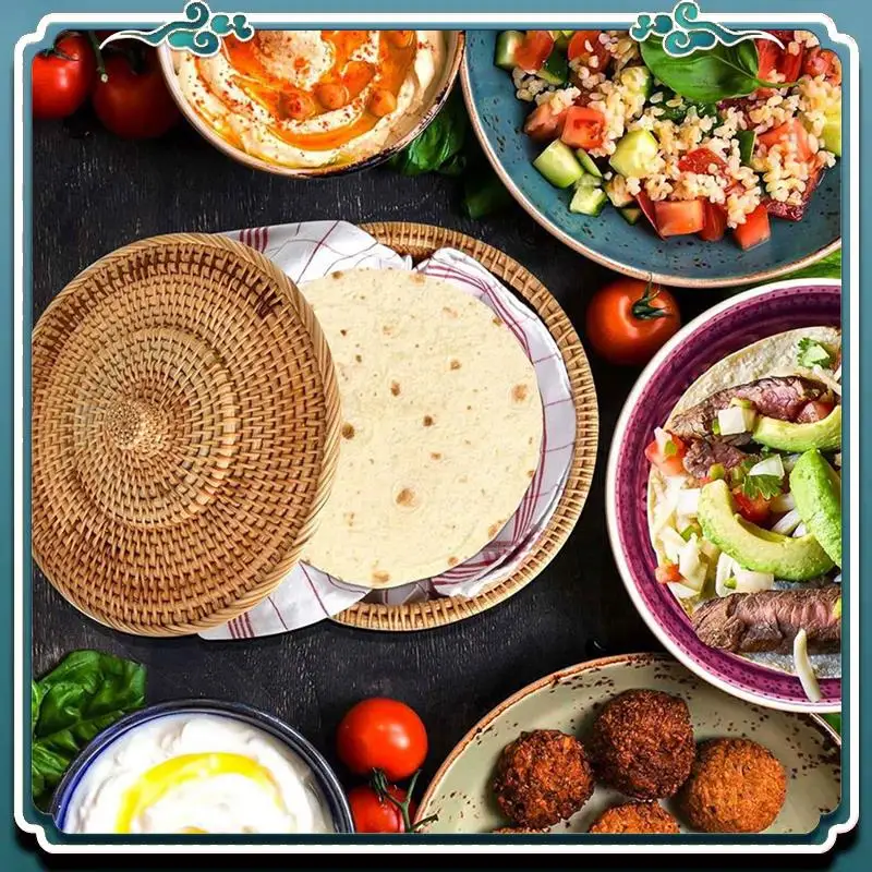 

Premium Round Rattan Boxes With Lid Hand-Woven Multi-Purpose Wicker Tray 10.2Inch Picnic Food Bread Table Storage Basket