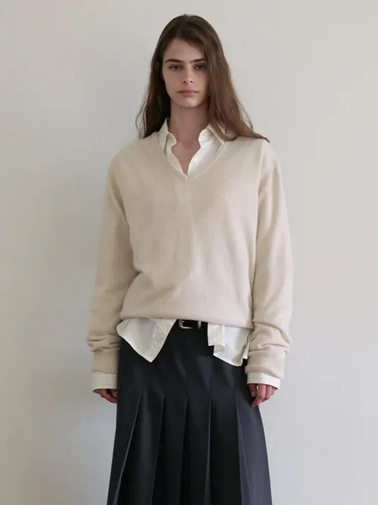 

Loose Knitted V-Ne Women's Sweater Linhouse Retro Beige Winter Melon een ey Simple Match Straight Tube Commute Sle