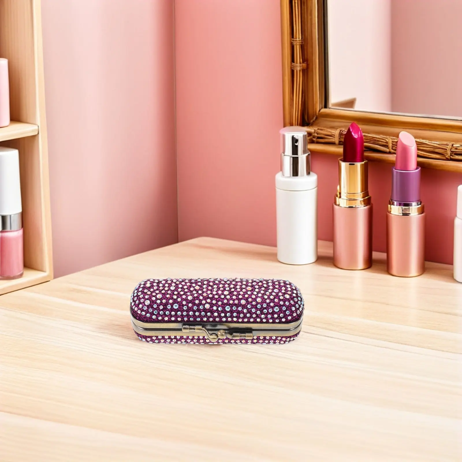 Rhinestone Lipstick Case Violet Compact Portable Storage Holder Mirror Travel Lipstick Organizer