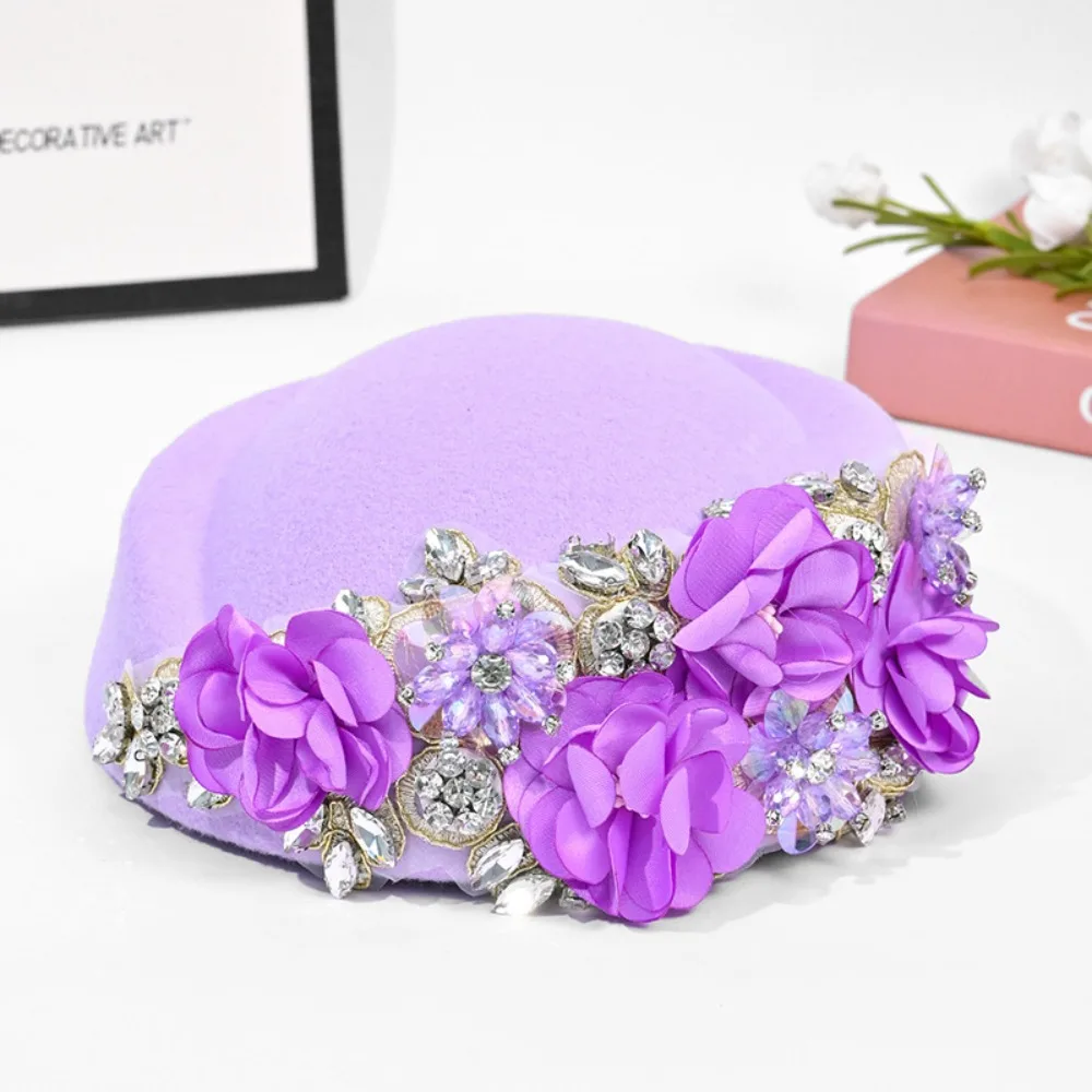 

Fashion Handmade Flowers Turban Hat Rhinestones Retro Beret Caps Soft Breathable Church Hat For Party Evening