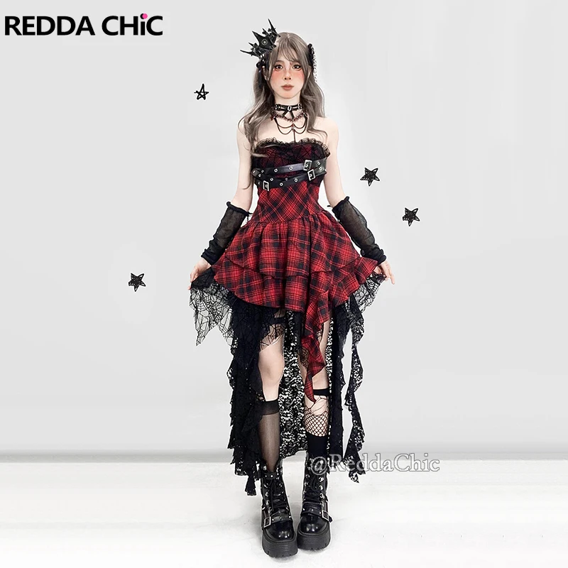 

REDDACHiC Steampunk Trailing Hi-Lo Skirt Dress Set Plaid Belted Corset Stitch Lace Spider Web Mini Cake Dress Goth Women Clothes