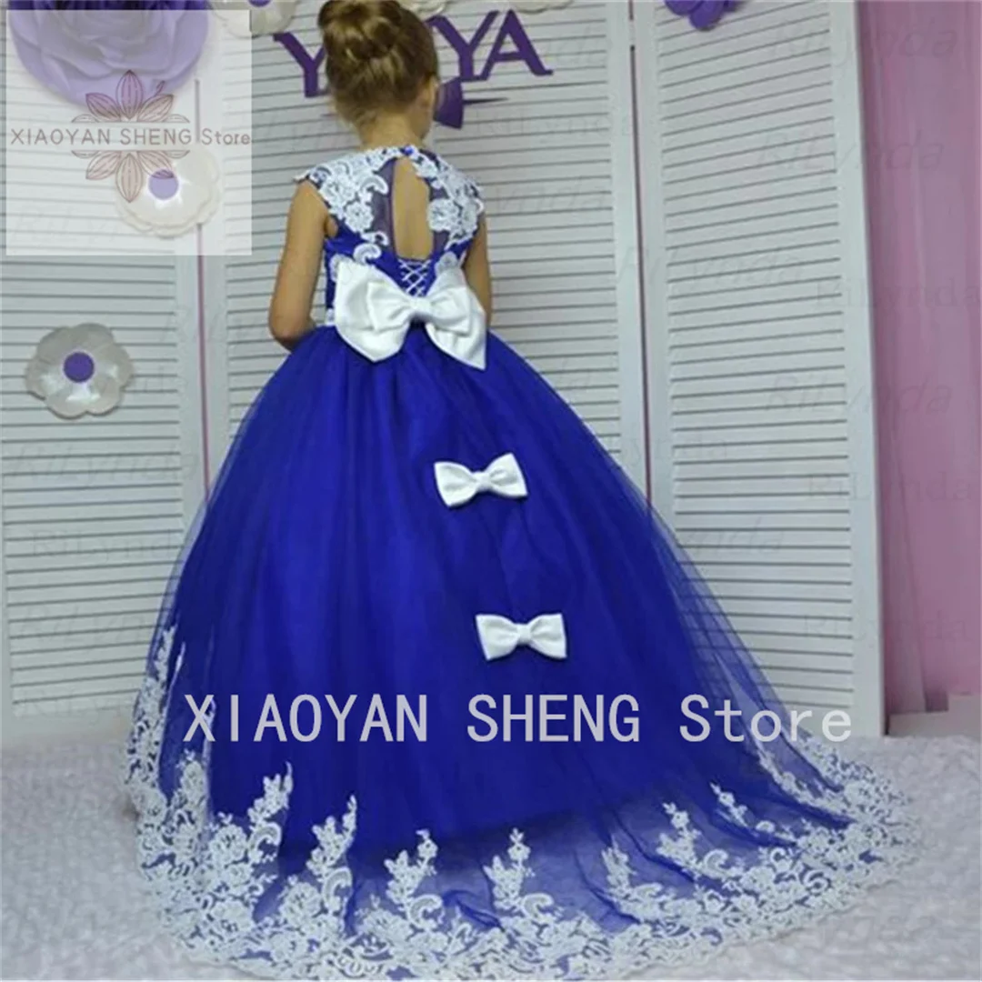 Blue Flower girl Dress, Long Flower Tulle Gown for Toddler, Long Train Dress for junior bridesmaid