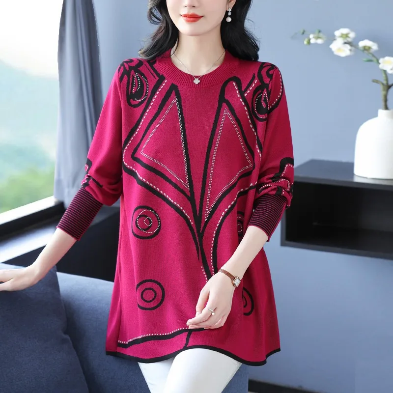 Women Mid Length Knit Sweater Round Neck Loose Pullover Tunic For Middle Aged Women Spring Autumn