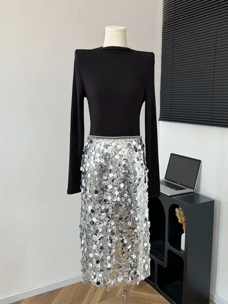 Jupe argentée de haute qualité pour femmes, taille haute, paillettes scintillantes, ligne a, luxe, mode coréenne, Sexy, élégante, Coquette, fête de bal