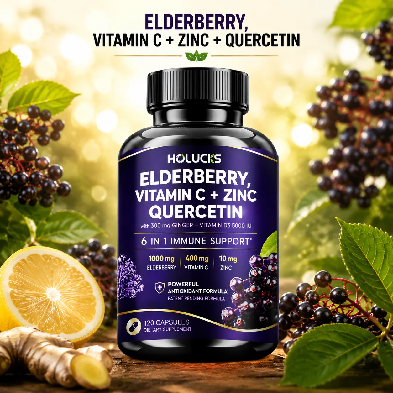 Elderberry Antioxidant Supplement With Quercetin Ginger Vitamin C D3,Support Bone Joint Health, Mental Clarity, Long Term Immune
