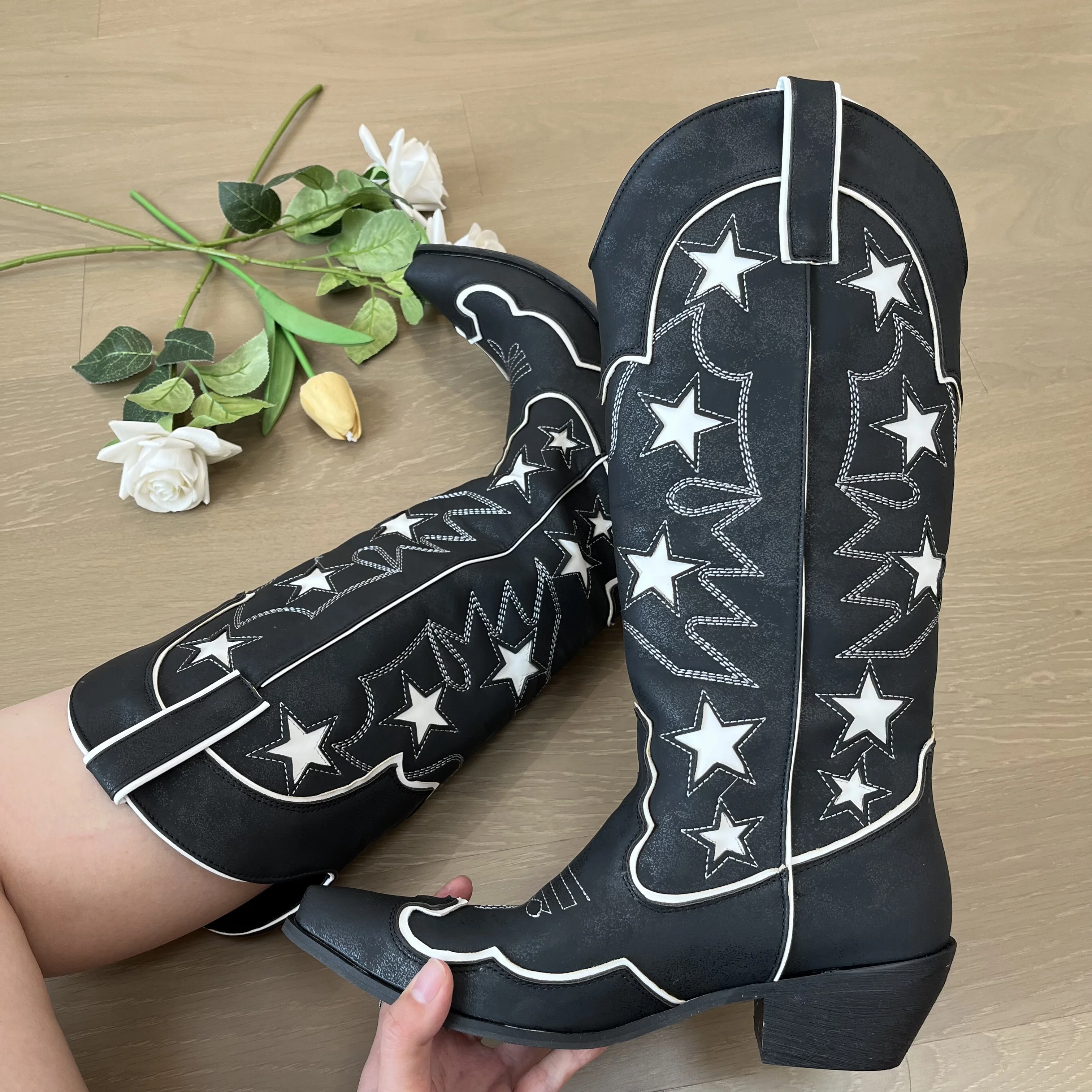 IPPEUM Western Cowboy Boots Star Leather Black 2024 New In Women Wide Calf Chunky Heel Girl Shoes Cowgirl Plus Size 43