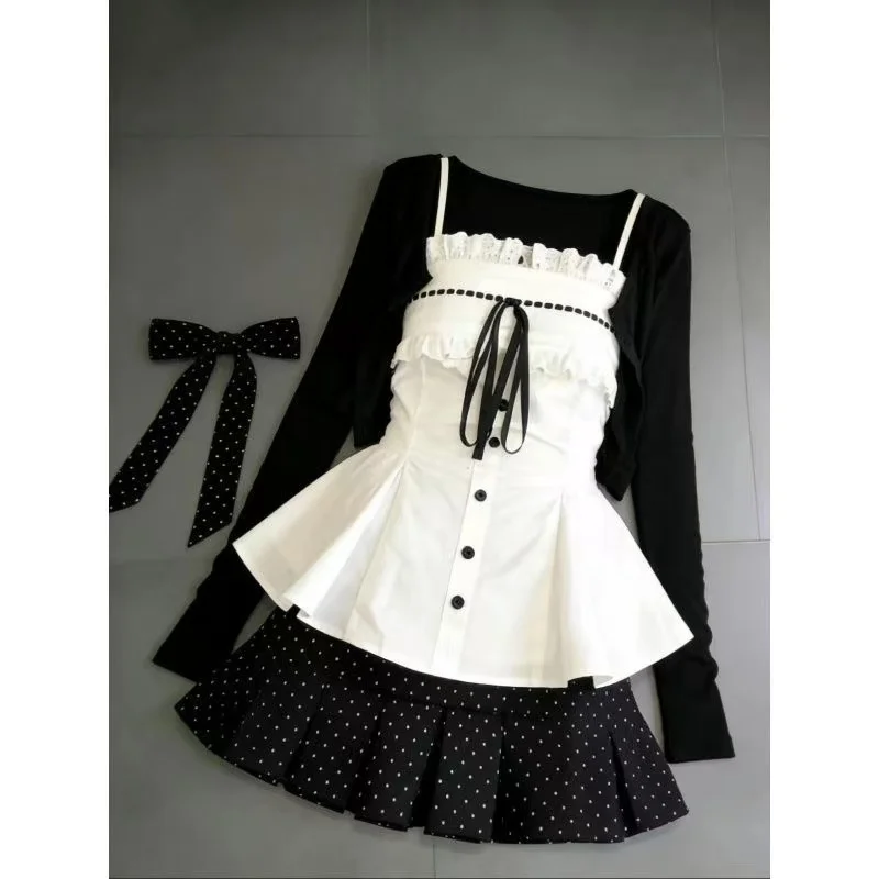 Ladies Retro Y2K Harajuku Sweet Lolita 3‑Piece Polka Dot Sleeveless Waistcoat Cropped Knit Cardigan Slim Skirt Urban Street Wear