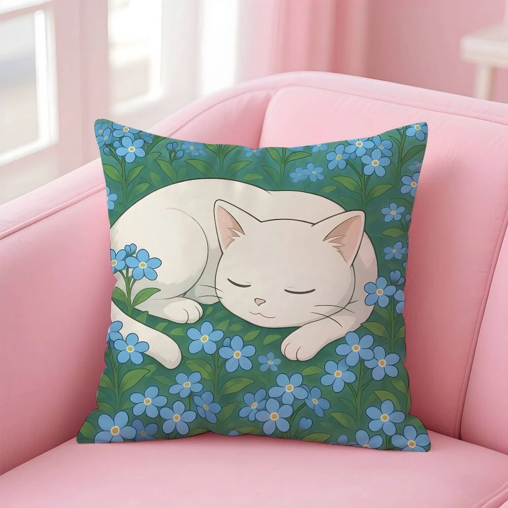 

Cat in the flowers aesthetic Pillow Case Anti-dustmite Pillow Invisible zipper silky short plush Sofa cushion cover