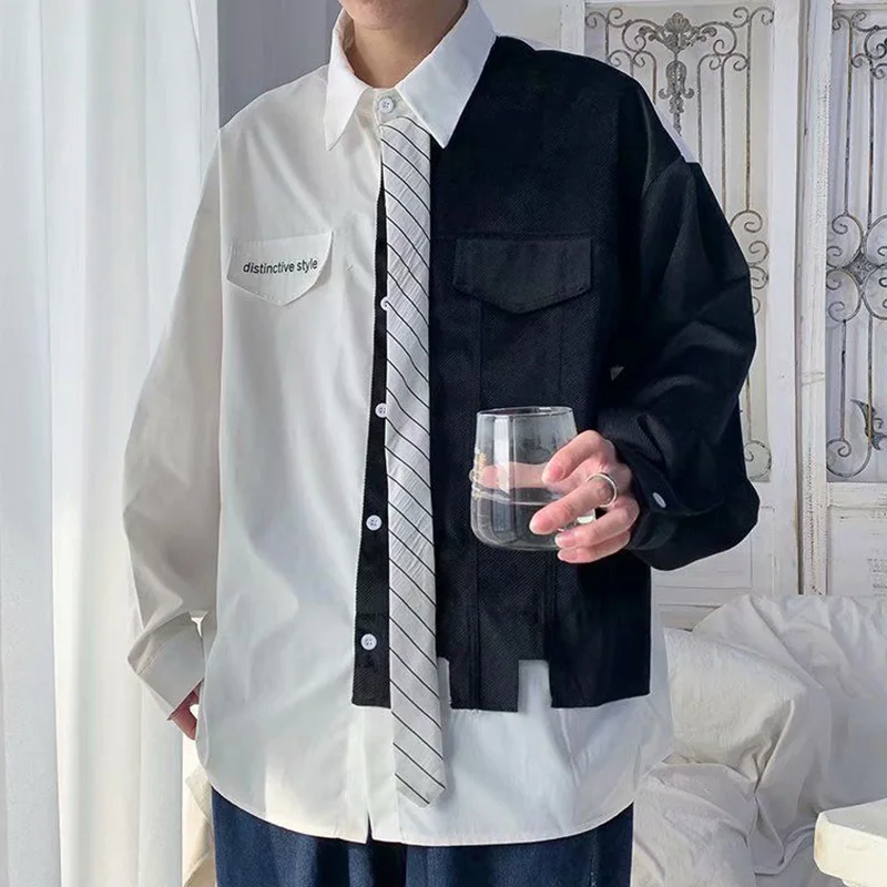 Stylish Lapel Button Spliced All-match Asymmetrical Shirts Men's Clothing 2023 Autumn New Casual Tops Korean Irregular Shirt