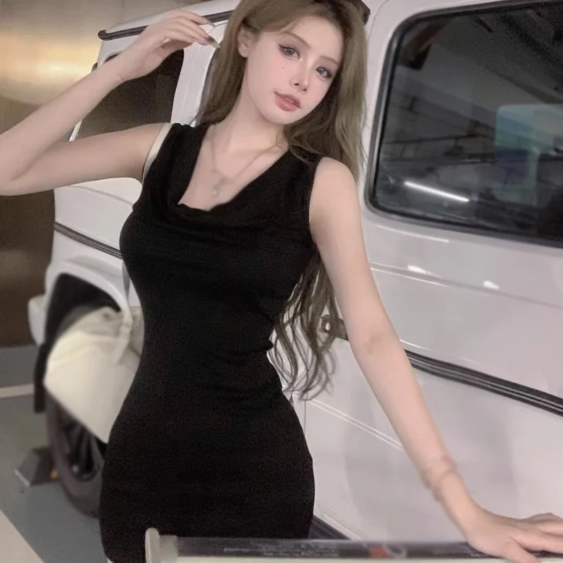 Korean Version Slim Sexy Fashion Solid Colour Women Sleeveless Summer Swinging Collar Bodycon Vest Dress