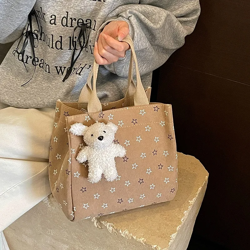 Star Printed Canvas Handbag with Plush Teddy Bear Pendant, Cute Tote Bag, Casual and Portable Bento Bag, Suitable for Daily Work