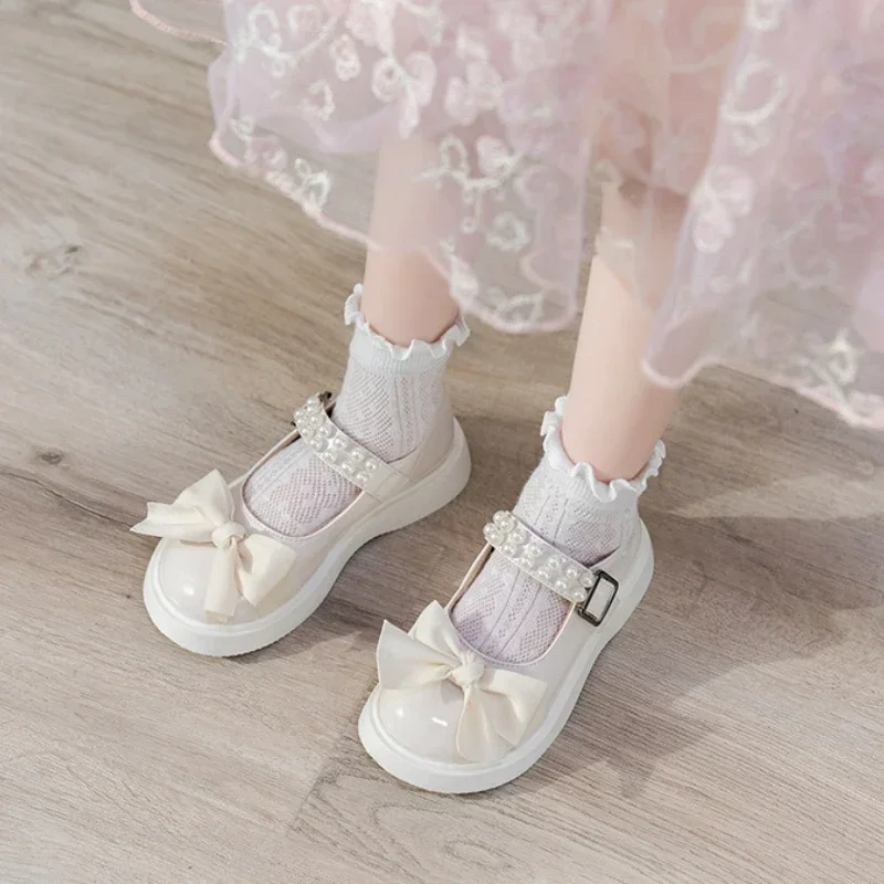 Children Princess Shoes Pearl Elegant Kids Leather Shoe Fashion Sweet Girls Lolita Party Wedding Single Shoes Glossy Mary Janes