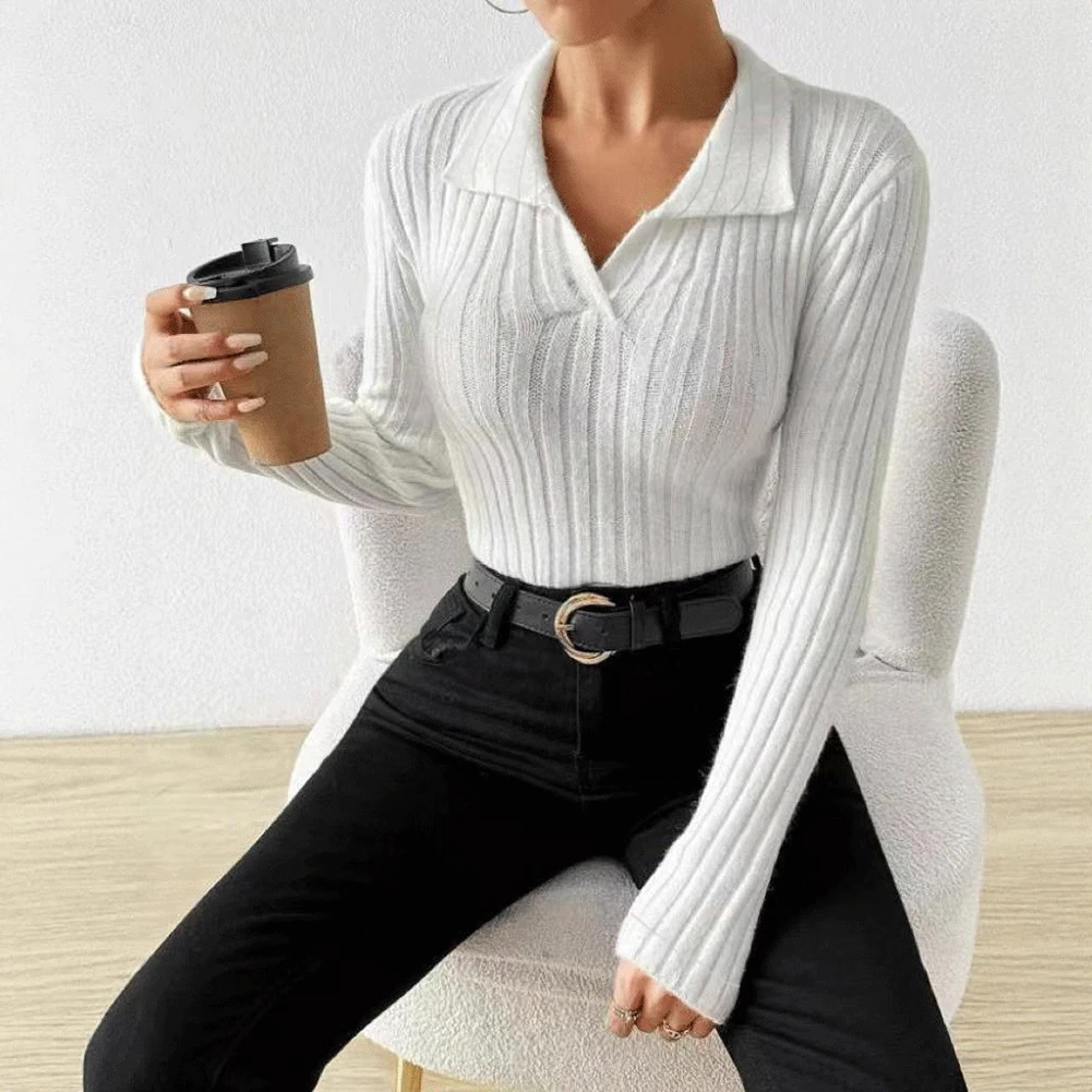

Women Casual Long Sleeve T-Shirt Female Ribbed Knit Spring V Neck Slim Top