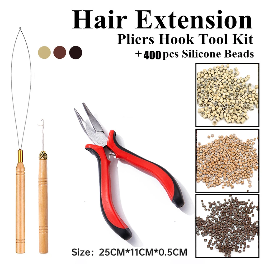 Hair Extension Kit Pliers Pulling Hook Needle Bead Device Tool Kits And 400Pcs Silicone Micro Rings/Links/Beads Accessories Tool