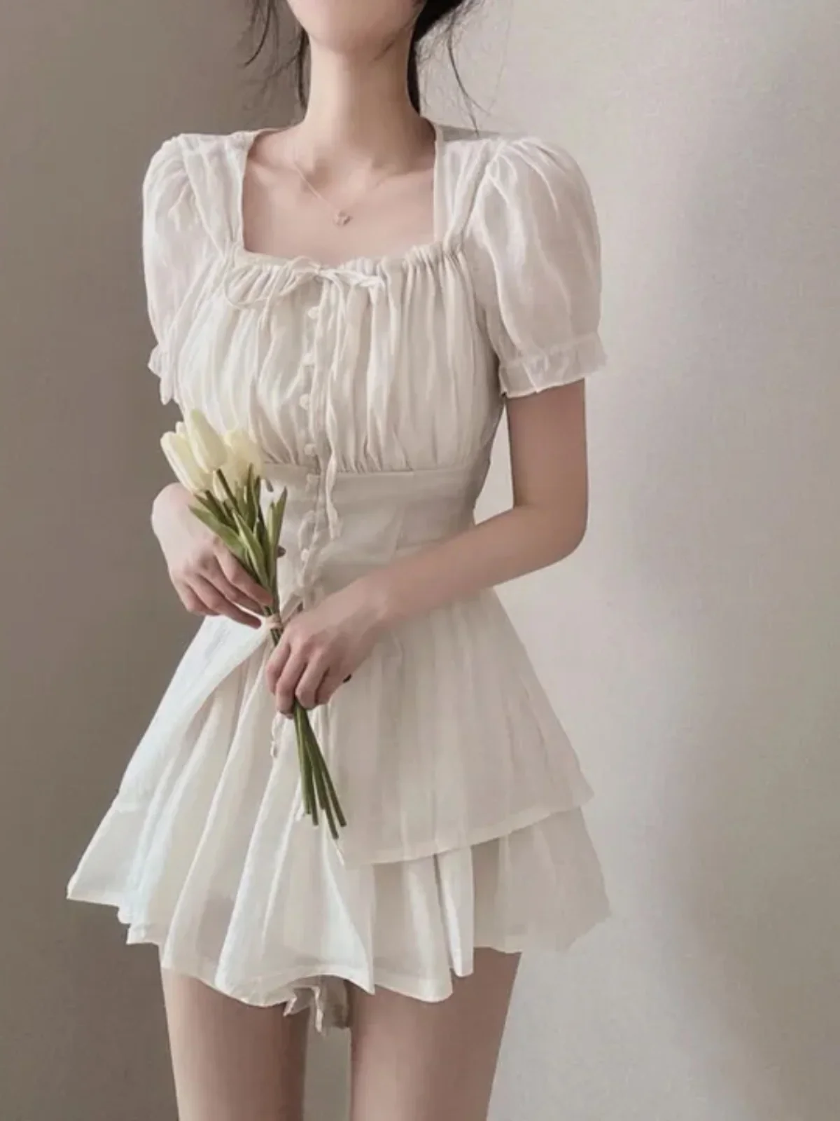 Spring Faion Bubble Sve Square Collar Women's irt And High Waist Slim orts Two-Piece Set High Waist ort Sve But...