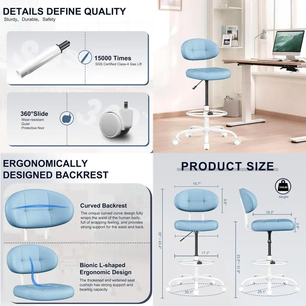 

Синее эргономичное кресло из искусственной кожи с подставкой для ног для столов-трансформеров и рабочих станций высотой до стойки