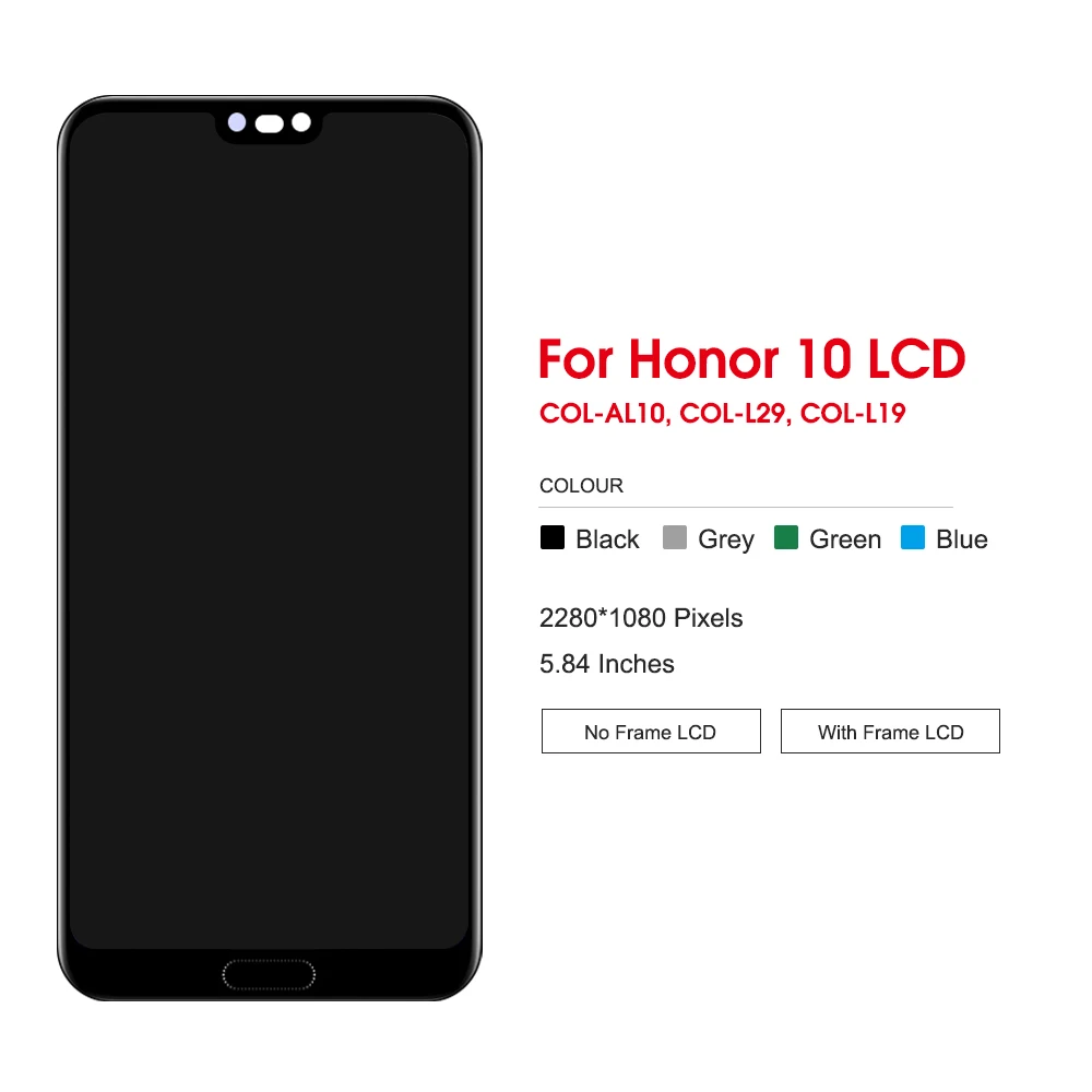 5.84 inch LCD Screen For Honor 10 Display With Fingerprint 10 Touches LCD Replacement For Honor 10 COL-L29 L19 AL10