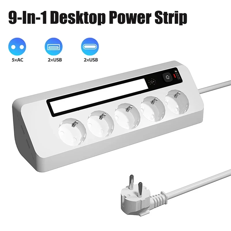 

5 Way Outlets EU Power Strip Surge Protector with 2 USB and 2 Type-C, Multi-outlet Socket with LED Night Light