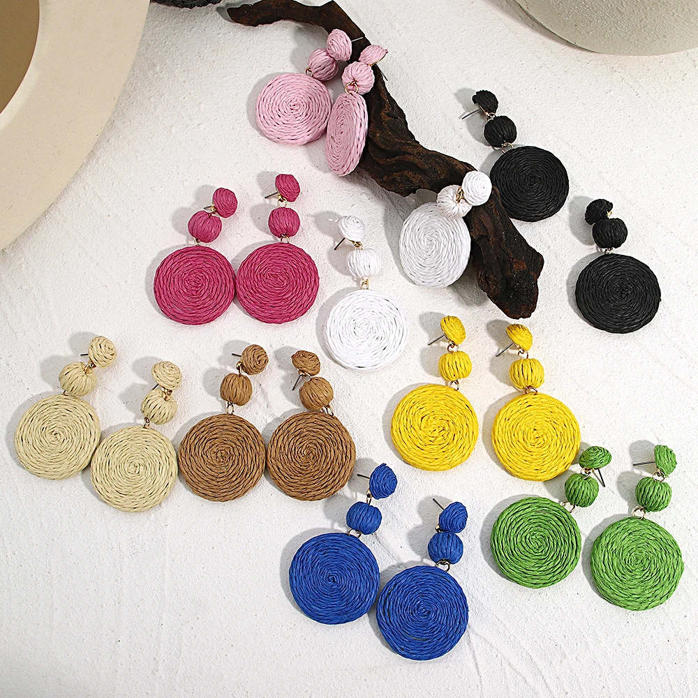 Boho Yellow Raffia Round Drop Earrings for Women