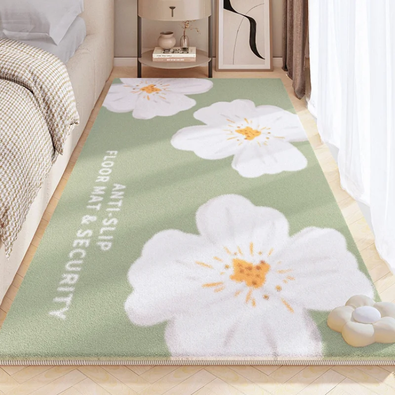Modern Simple Flower Bedside Carpet Bedroom Strip Waterproof Non Slip Carpets Living Room Large Area Thickened Cream Style Rug