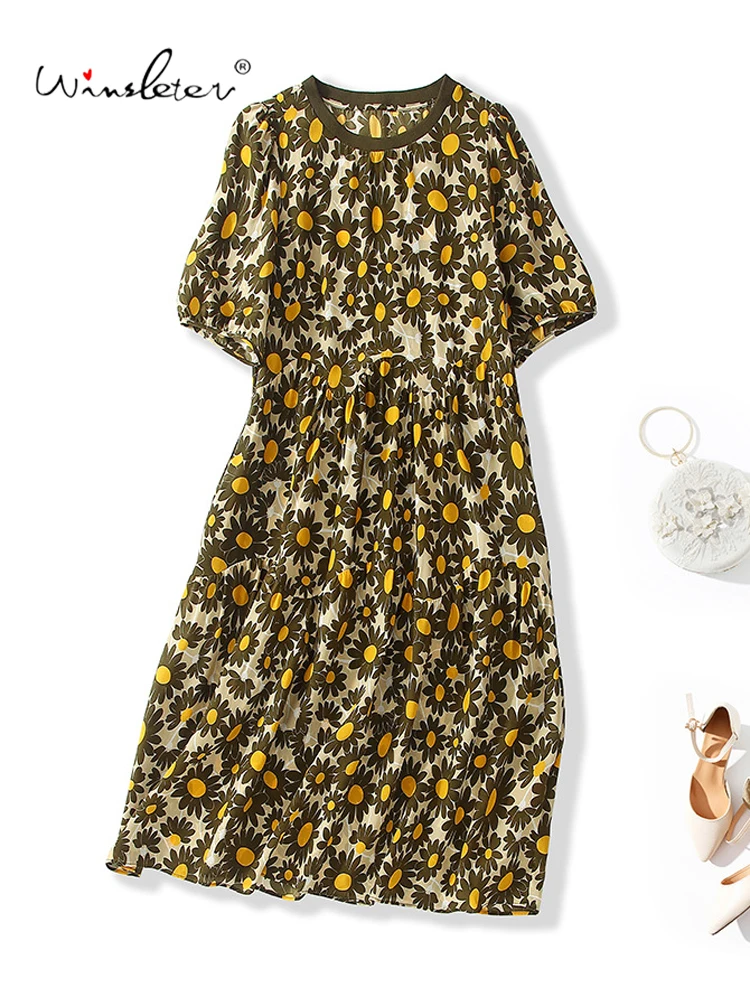 

Winsleter-Women's 100%Real Silk Elegant Dress, Short Sleeve O Neck Print, Retro Commute Casual Dresses, 2025 Summer New D58205CC