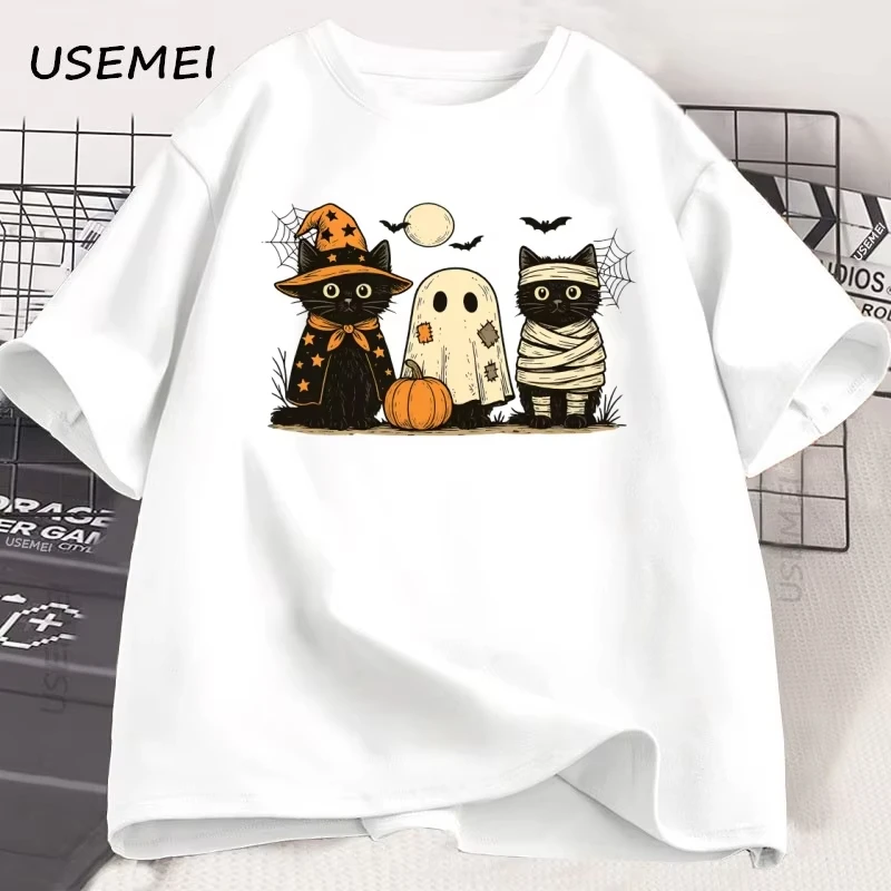 2026 Black Cat Pumpkin Tshirt Ghots Gothic Fall Cat T Shirt Halloween Spooky Season Pritned T-shirt Unisex Cotton Short Sleeve
