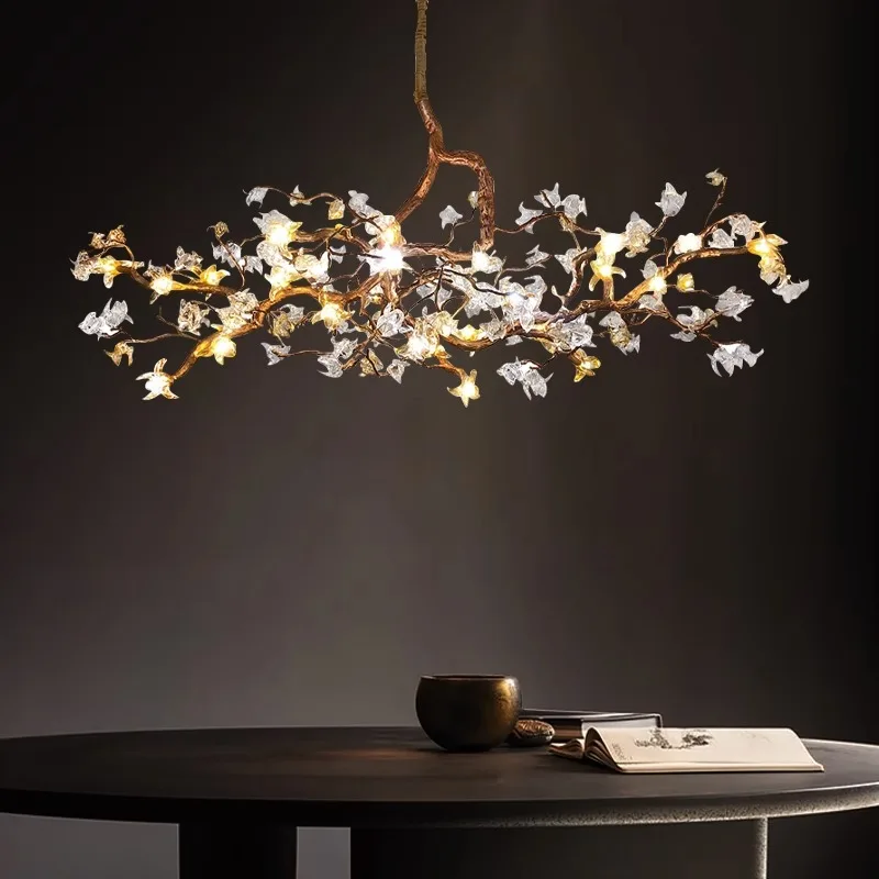 New Chinese restaurant lamps light luxury atmosphere villa dining table art living room full copper branches crystal tea