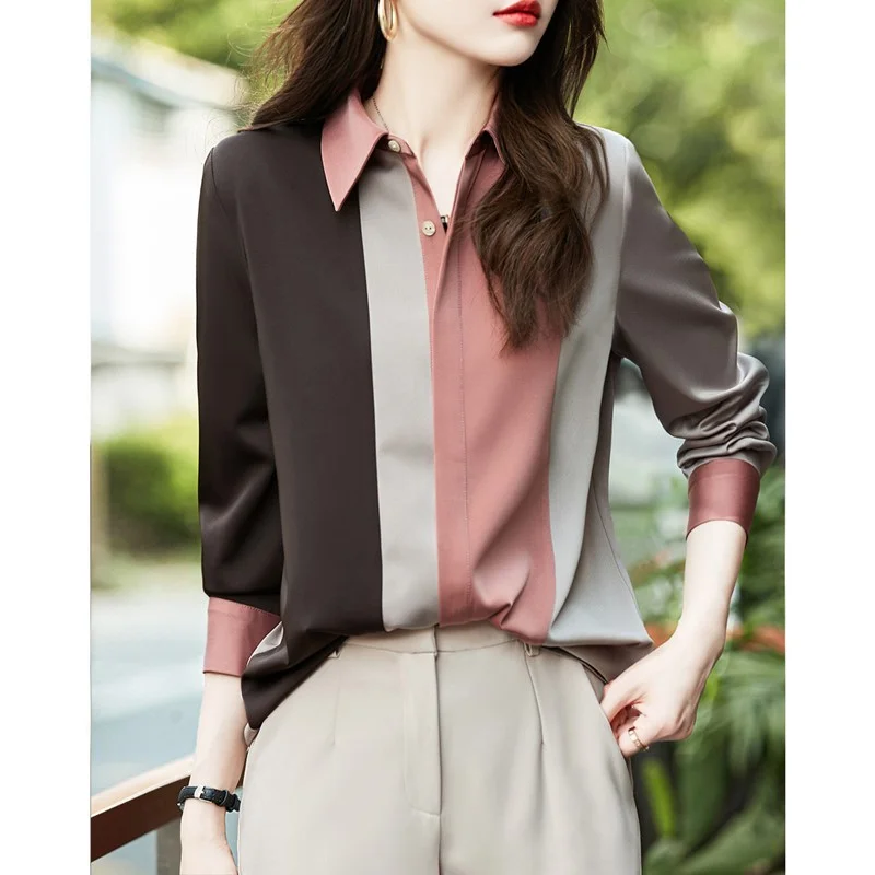 Satin Elegant Chic Contrast Color Office Lady Commuter Button Up Shirt Fashion Long Sleeve Loose Top Blouse Women Blusas Clothes