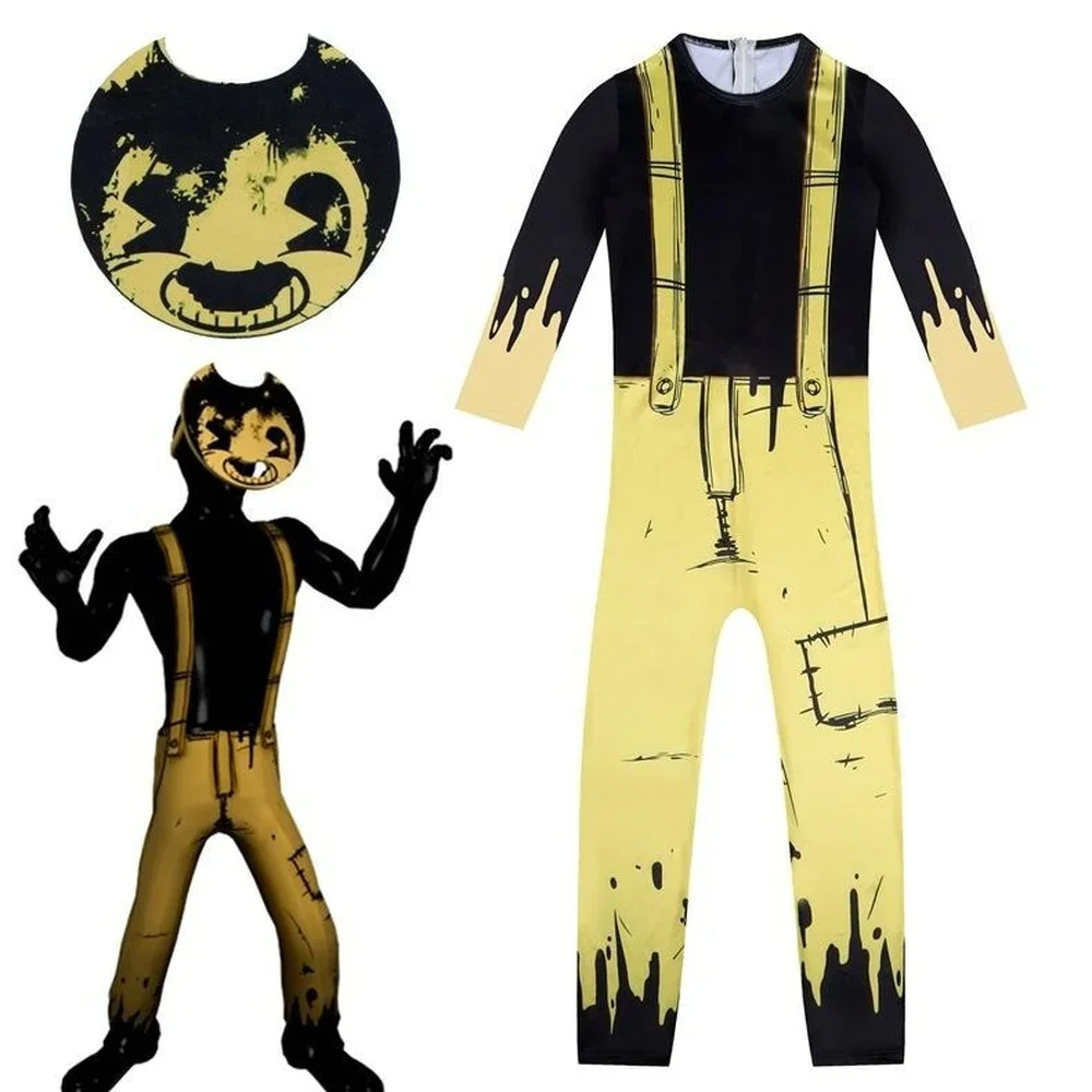 Kids Bendy Cosplay Costume with Mask Boys Girls Bodysuit Halloween Fancy Jumpsuits