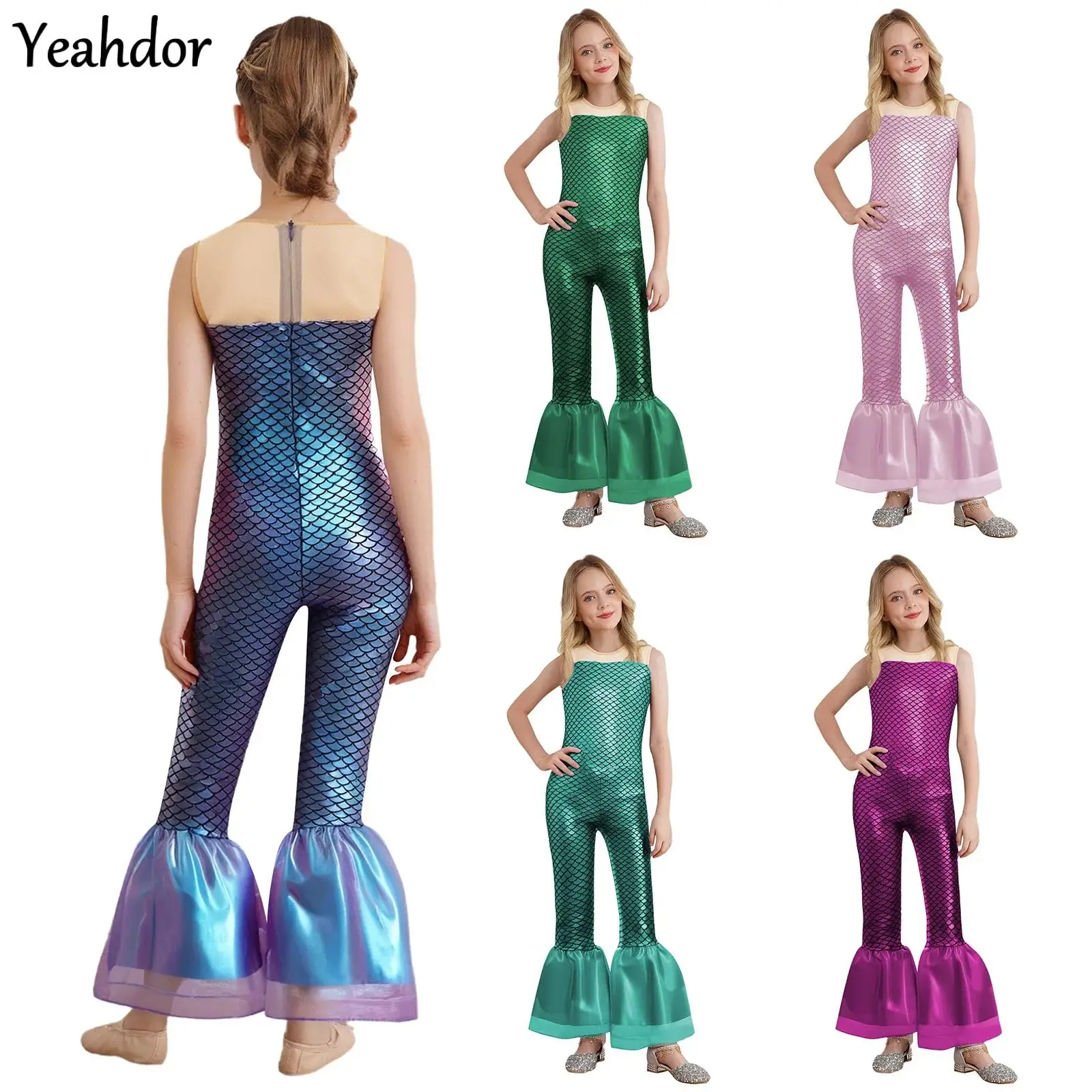 

Girls Cosplay Mermaid Jumpsuit Sleeveless Fish Scales Print Flared Pants Mermaid Bodysuit Halloween Mermaid Theme Party Dress Up
