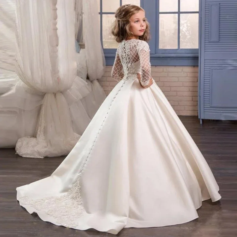 

White Satin Appliques Pattern Long Sleeve For Wedding Birthday Party First Communion Gowns Flower Girl Dresses