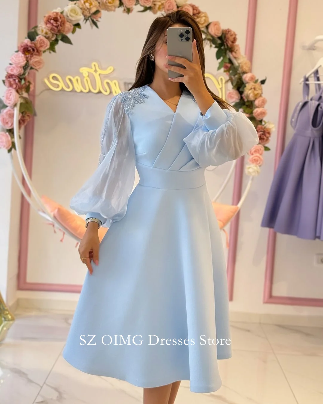 

OIMG Dubai Mordern Style V-Neck Beading Shoulder Prom Dresses Sky Blue Dress Women Evening Gowns Formal Fitted Party Dress