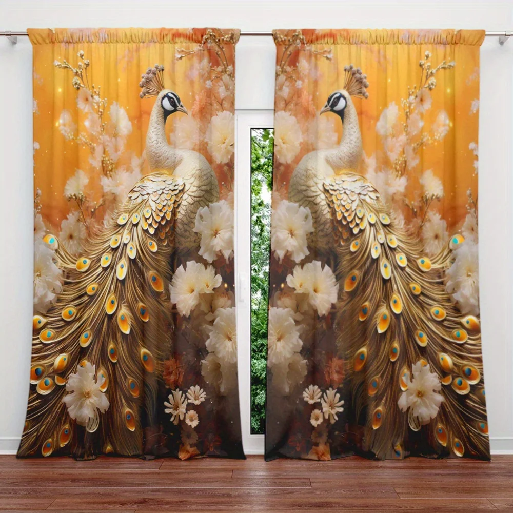 2pcs Golden Peacock Curtains Elegant Bird Floral Window Drapes Luxury Animal Oil Painting Art Decor Living Room Bedroom