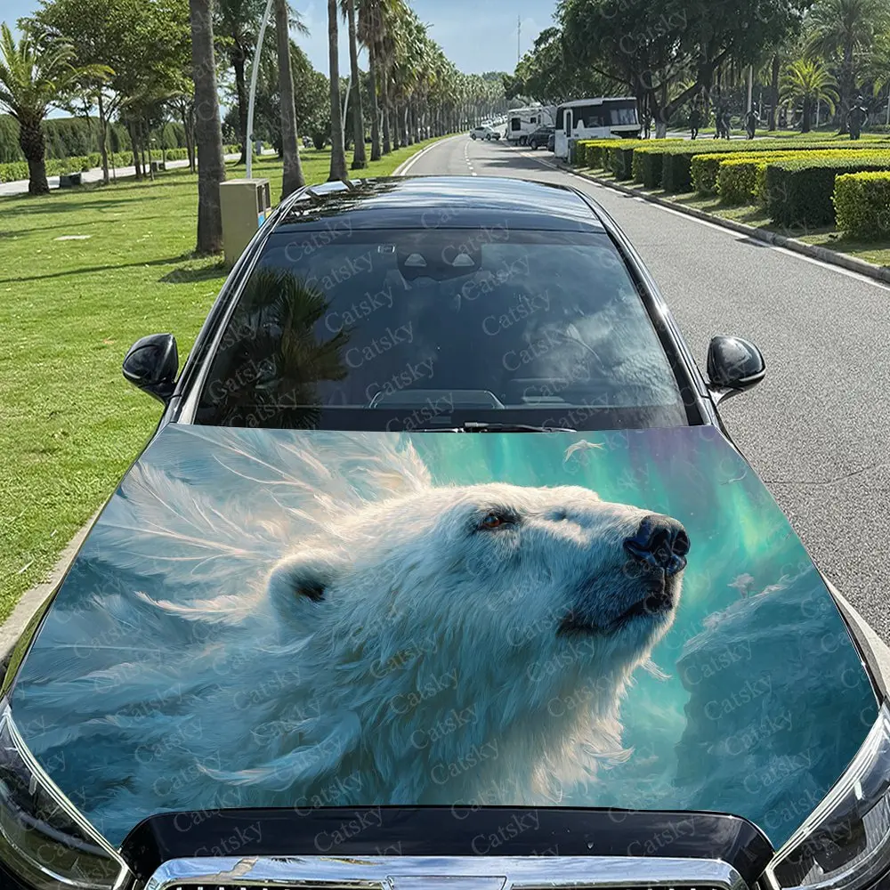 Aurora Polar Bear in Feathery Forest Car Cover Sticker, Auto Hood Decal, Car Exterior Scratch Resistant Decal, Trendy Gift for C