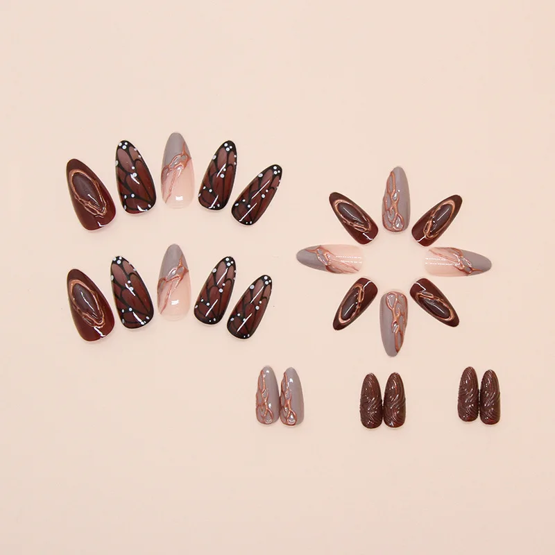 

24Pcs Medium Almond Press on Nails - 3D Butterfly Embossed with Wing Vein Texture | Includes Application Tool