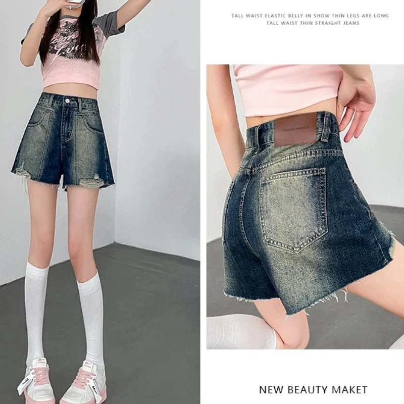

Retro High Waist Slimming Denim Shorts Women Summer Thin New Small Size Wide Leg A-Line Casual Shorts