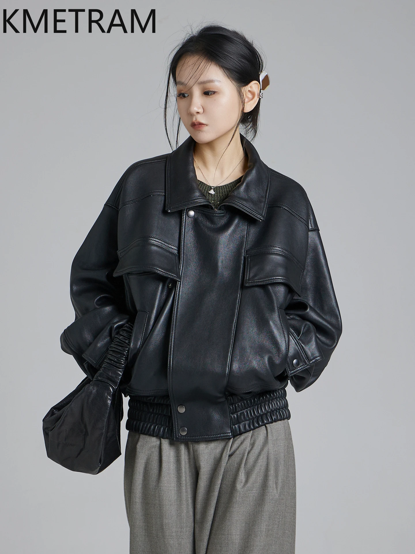 KMETRAM 100% Natural Sheepskin Women's Coat Biker Black Genuine Leather Jacket Autumn New Outerwears Clothes 2025 Woman дубленка - Image 3