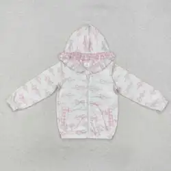 new rts baby girl spring coat wholesale boutique milk silk pink bow print pattern hooded long sleeve top