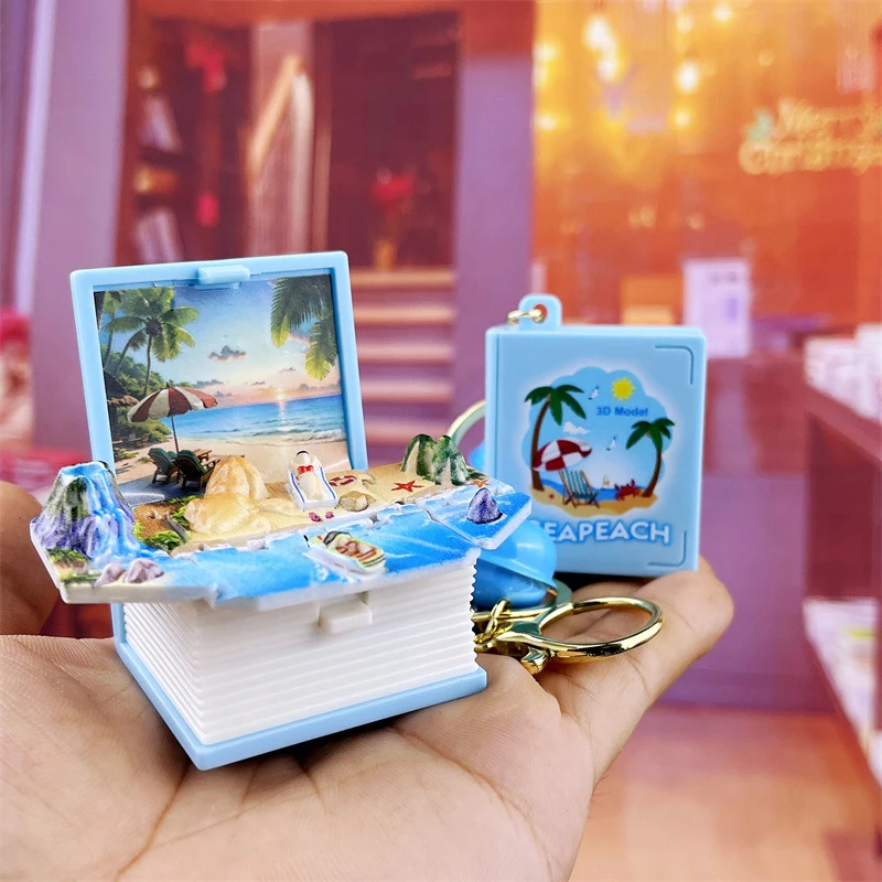 

1Pc Creative 3D Folding Book Toy Keychain Funny Cute Burger Beach Summer Seaside Festival Mini Magic Book Backpack Small Pendant