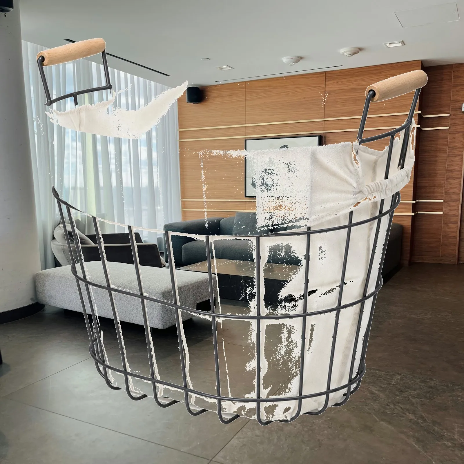 Freestanding Laundry Storage Hamper with Wooden Grip Handles for Bathroom Use