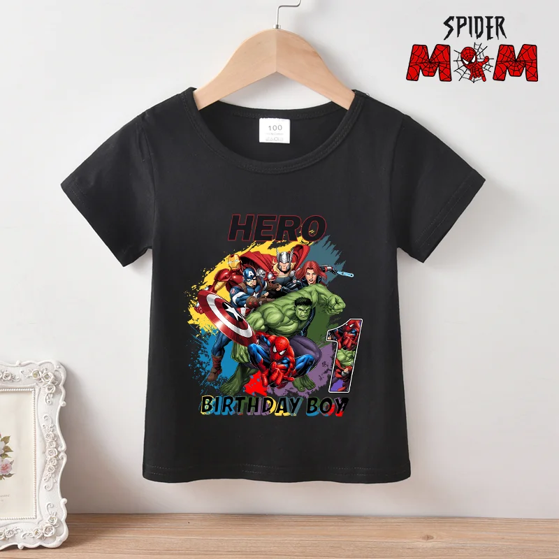 

Spidermans Sun Clothes Birthday Number T-shirt Boy Marvel Cotton Top Short Sleeve Girl Black White Shirt Tee Kid Casual Clothing